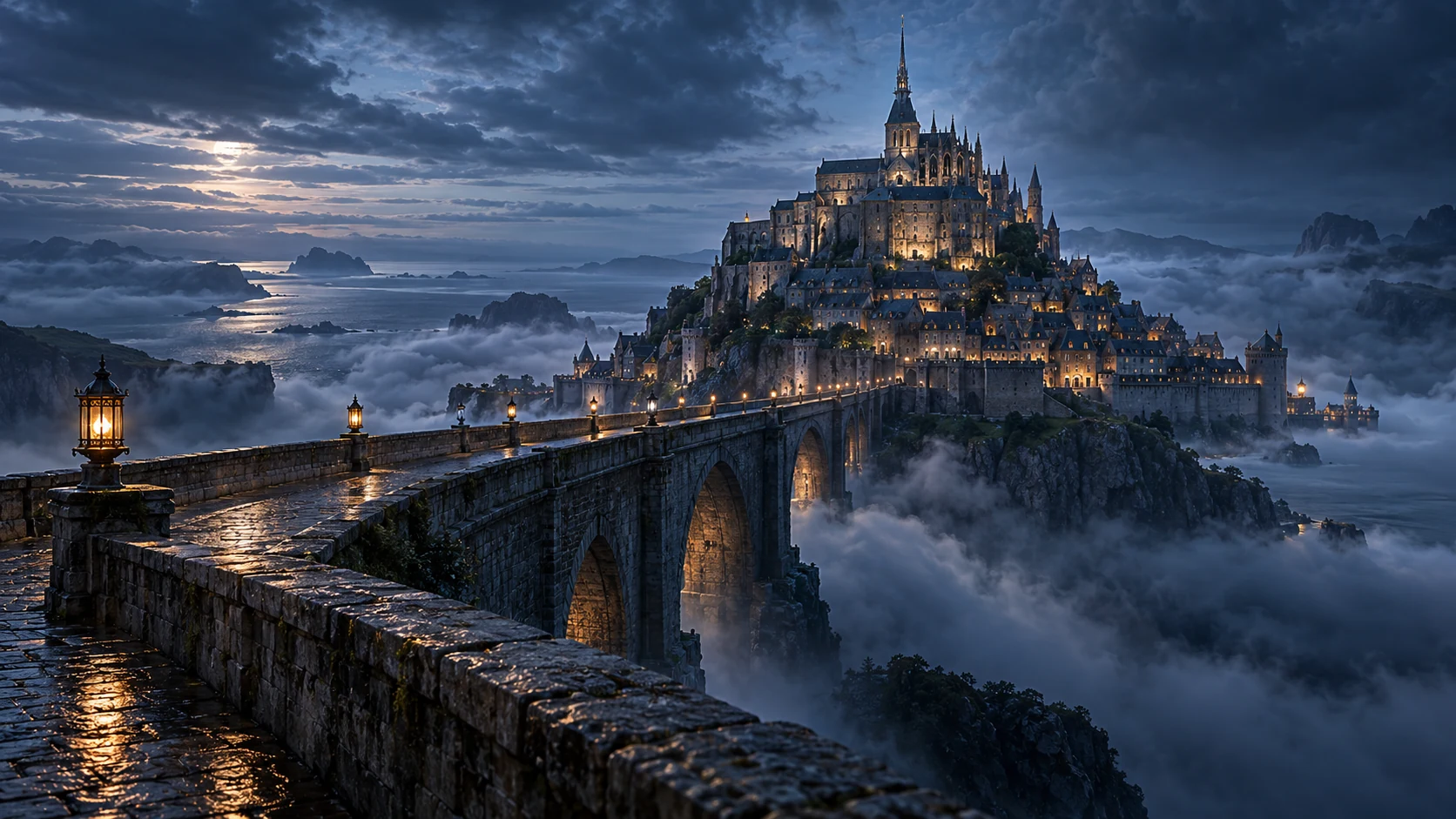 Europe Imagined — a lantern-lit bridge to a citadel in a dreamed Europe